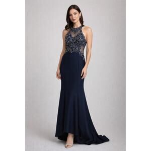 Camille La Vie Navy Beaded Formal Gown Prom Evening Dress Sz 0